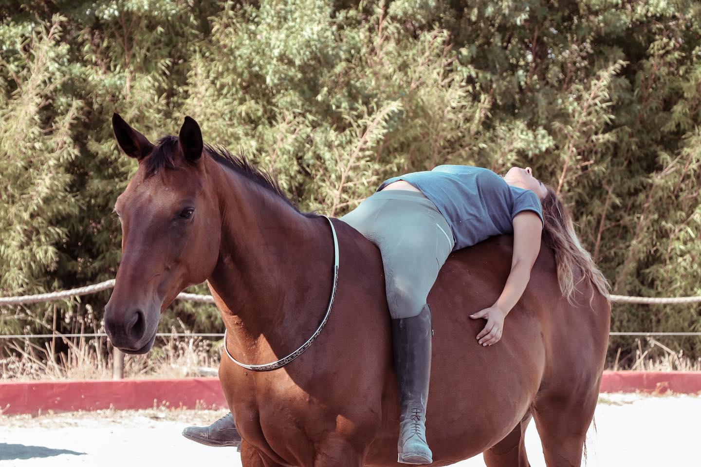 Cavalière allongée sur son cheval en confiance