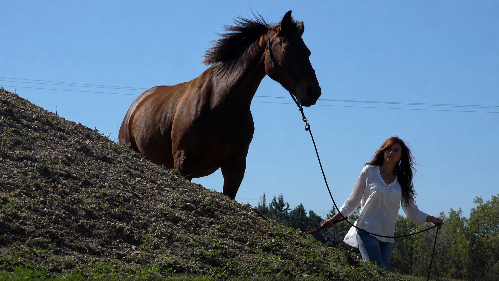 Élodie Marchois guidant un cheval en exercice d'équilibre sur une pente