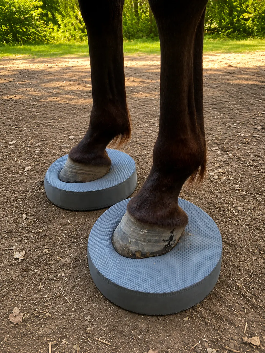 Cheval effectuant un exercice de proprioception sur des pads d'équilibre